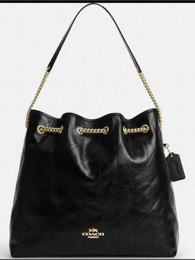Coach Black Quilted Leather Shoulder Bag with Gold Chain Trim